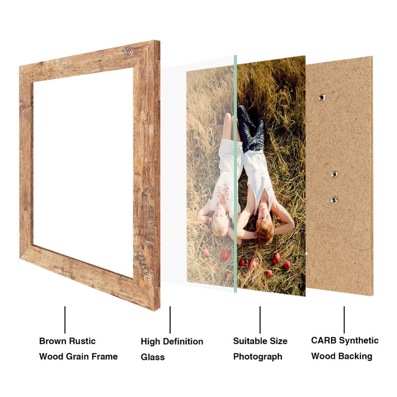iRahmen 8x10 Picture Frame Set of 4, High Definition Real Glass Rustic Brown Frame, 8 x 10 Wood Photo Frames for Desktop Display and Wall Mounting - Image 3
